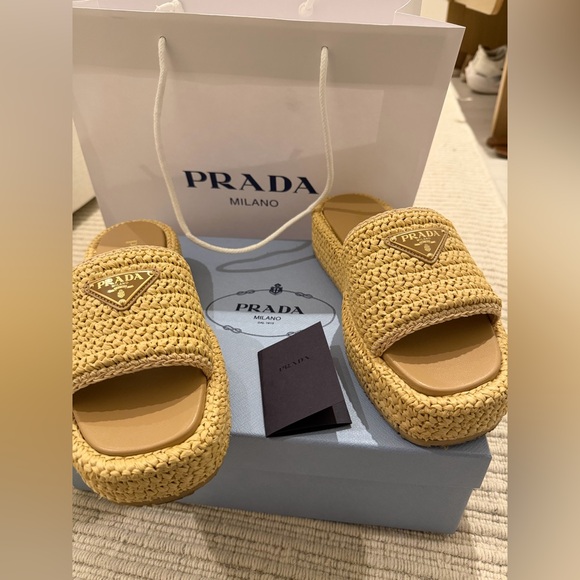 Prada Shoes - Prada Beige Raffia Platform Slide Sandals